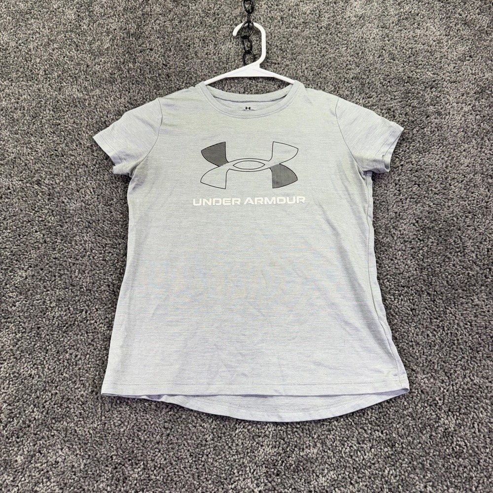 Under Armour Shirt Kids Medium Gray Short Sleeve Crewneck Logo Tee Gym Training